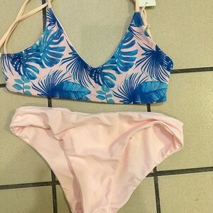Maia Bali Pink and Blue Leaf Print Bikini Set
